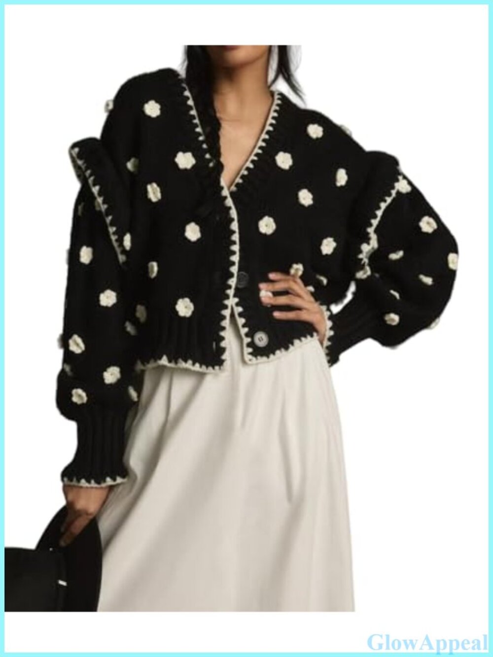 3D Embroidered Floral Button Down V Neck Cardigan Long Sleeve Knit